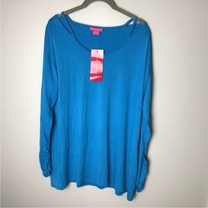 NEW Sunny Leigh Top Size Large Long Ruched Sleeves Blue Double Strap Scoop Neck